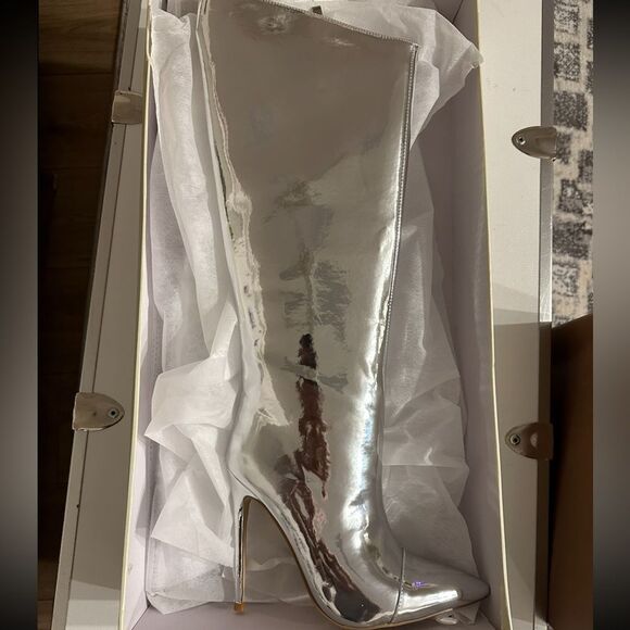 Women's Knee High Boots Sexy Pointed Toe Stiletto Heel Boot Metallic Leather  7 - Picture 3 of 3